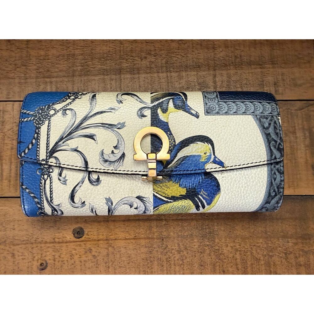 Ferragamo Wallet Womens Multicolor Bird Floral Leather Long Clutch Italy Gancini